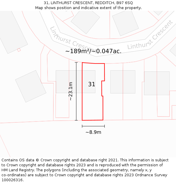 31, LINTHURST CRESCENT, REDDITCH, B97 6SQ: Plot and title map