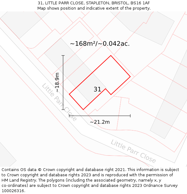 31, LITTLE PARR CLOSE, STAPLETON, BRISTOL, BS16 1AF: Plot and title map