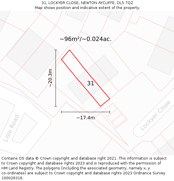 31, LOCKYER CLOSE, NEWTON AYCLIFFE, DL5 7QZ: Plot and title map