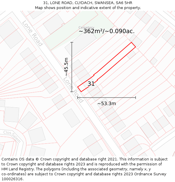 31, LONE ROAD, CLYDACH, SWANSEA, SA6 5HR: Plot and title map