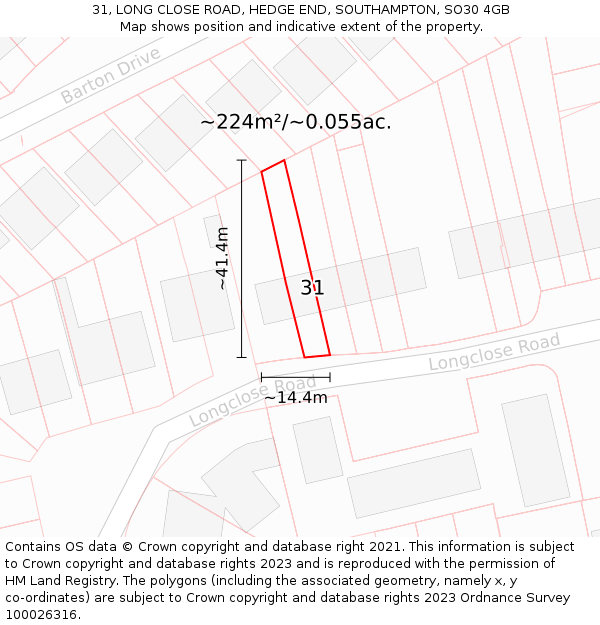 31, LONG CLOSE ROAD, HEDGE END, SOUTHAMPTON, SO30 4GB: Plot and title map