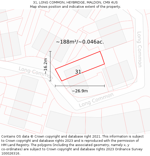 31, LONG COMMON, HEYBRIDGE, MALDON, CM9 4US: Plot and title map