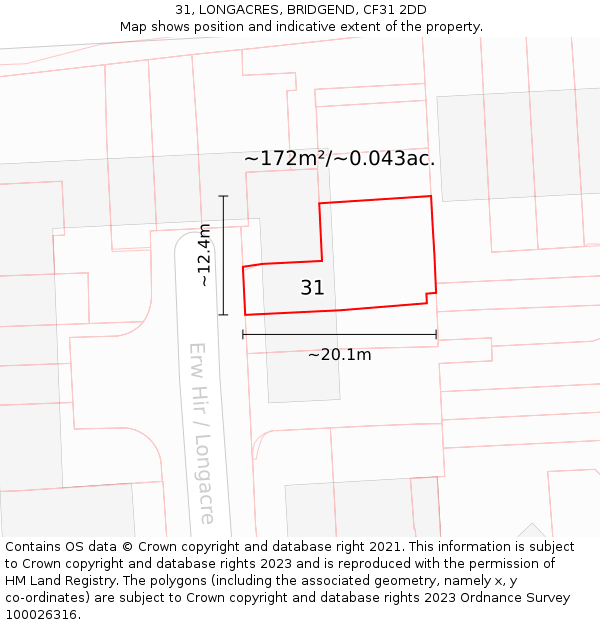 31, LONGACRES, BRIDGEND, CF31 2DD: Plot and title map