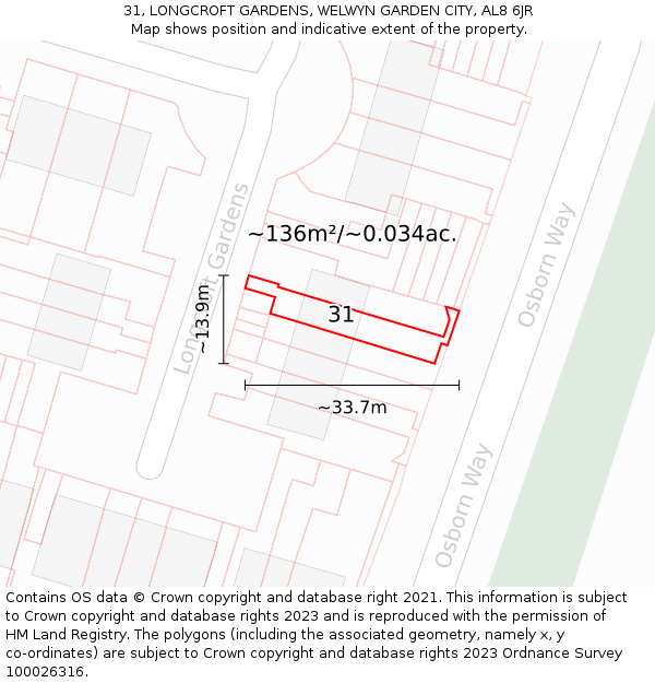 31, LONGCROFT GARDENS, WELWYN GARDEN CITY, AL8 6JR: Plot and title map