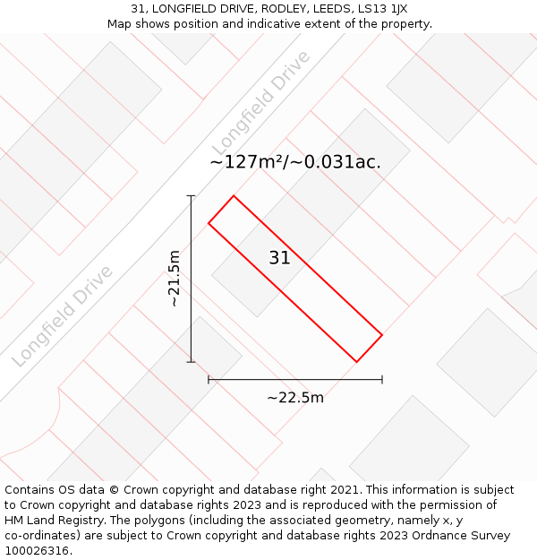31, LONGFIELD DRIVE, RODLEY, LEEDS, LS13 1JX: Plot and title map