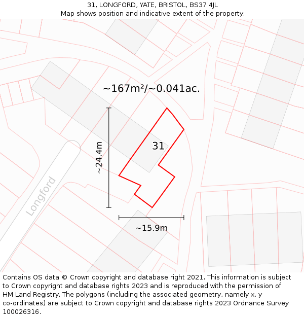 31, LONGFORD, YATE, BRISTOL, BS37 4JL: Plot and title map