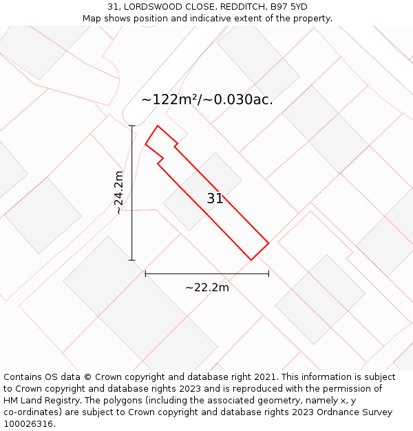 31, LORDSWOOD CLOSE, REDDITCH, B97 5YD: Plot and title map