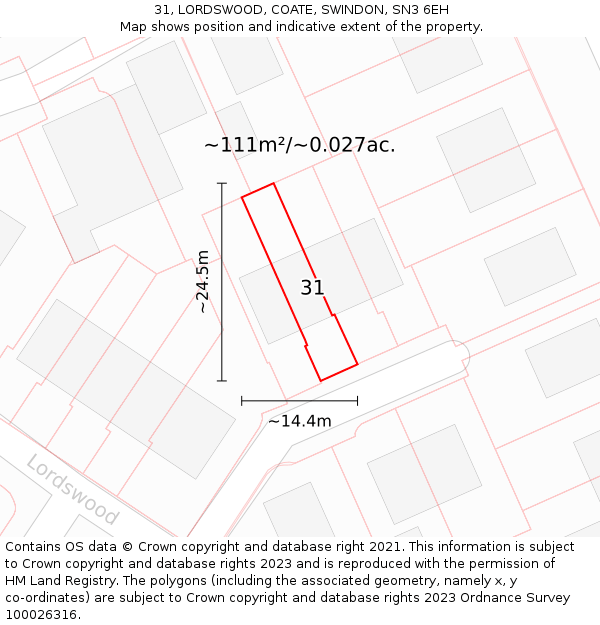 31, LORDSWOOD, COATE, SWINDON, SN3 6EH: Plot and title map