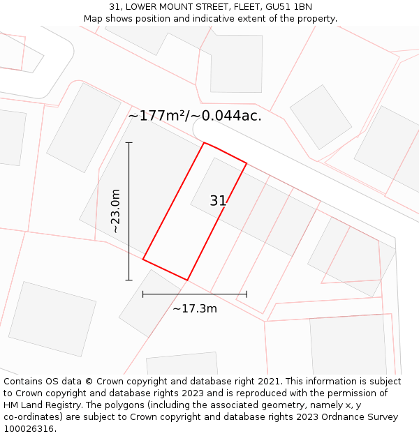 31, LOWER MOUNT STREET, FLEET, GU51 1BN: Plot and title map