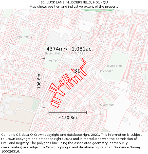31, LUCK LANE, HUDDERSFIELD, HD1 4QU: Plot and title map