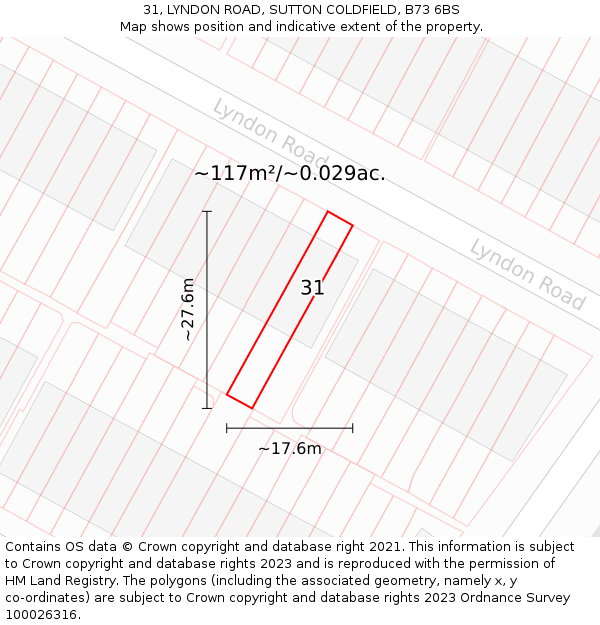 31, LYNDON ROAD, SUTTON COLDFIELD, B73 6BS: Plot and title map