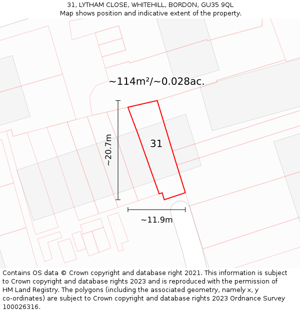 31, LYTHAM CLOSE, WHITEHILL, BORDON, GU35 9QL: Plot and title map