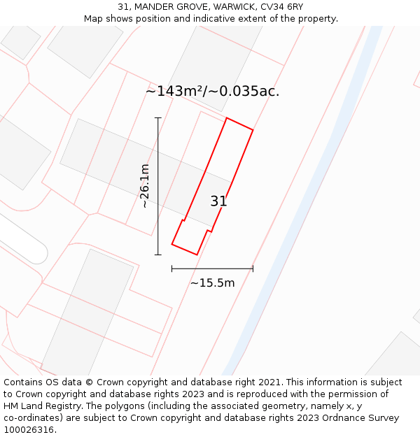 31, MANDER GROVE, WARWICK, CV34 6RY: Plot and title map