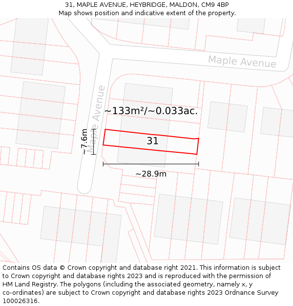 31, MAPLE AVENUE, HEYBRIDGE, MALDON, CM9 4BP: Plot and title map