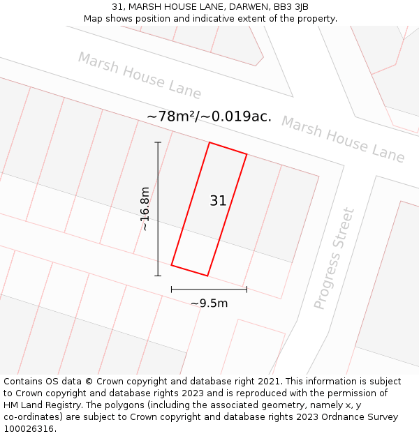 31, MARSH HOUSE LANE, DARWEN, BB3 3JB: Plot and title map