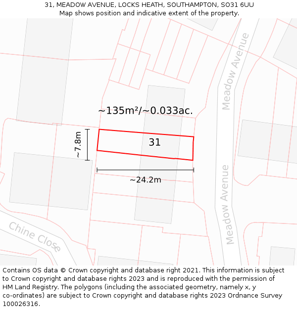 31, MEADOW AVENUE, LOCKS HEATH, SOUTHAMPTON, SO31 6UU: Plot and title map