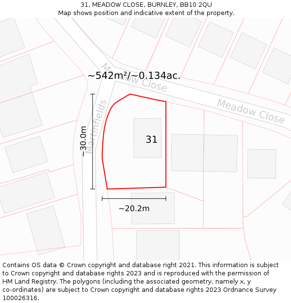 31, MEADOW CLOSE, BURNLEY, BB10 2QU: Plot and title map