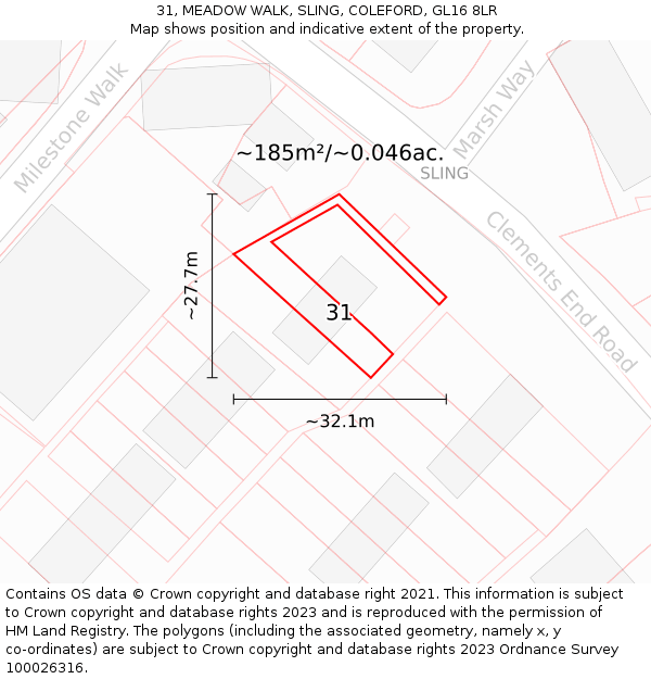 31, MEADOW WALK, SLING, COLEFORD, GL16 8LR: Plot and title map