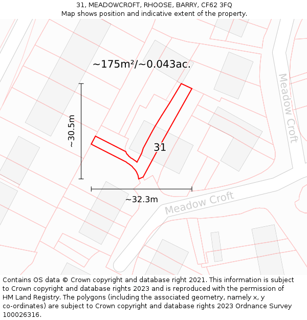 31, MEADOWCROFT, RHOOSE, BARRY, CF62 3FQ: Plot and title map
