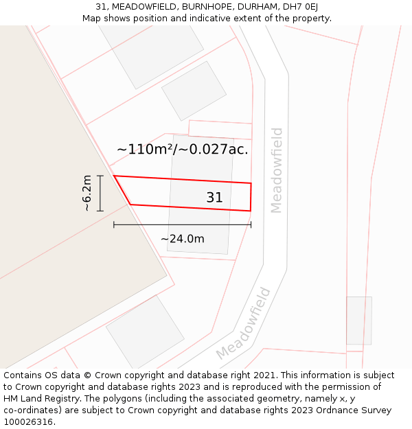 31, MEADOWFIELD, BURNHOPE, DURHAM, DH7 0EJ: Plot and title map