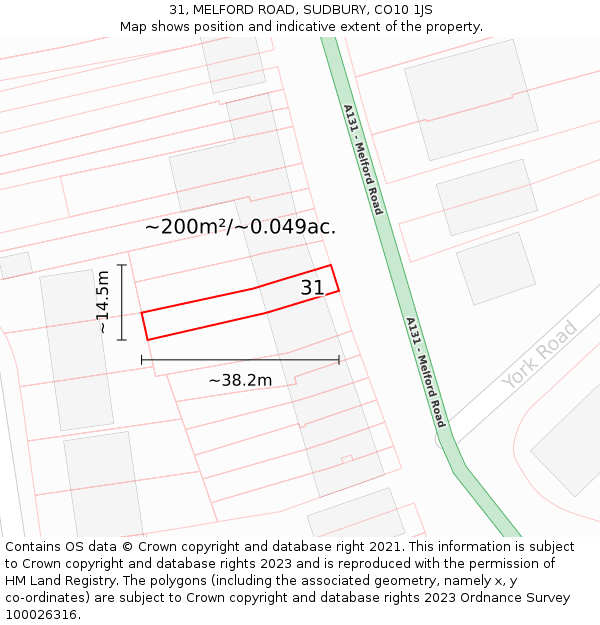 31, MELFORD ROAD, SUDBURY, CO10 1JS: Plot and title map