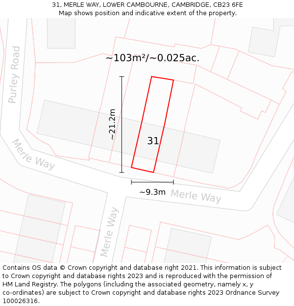 31, MERLE WAY, LOWER CAMBOURNE, CAMBRIDGE, CB23 6FE: Plot and title map