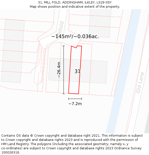 31, MILL FOLD, ADDINGHAM, ILKLEY, LS29 0SY: Plot and title map