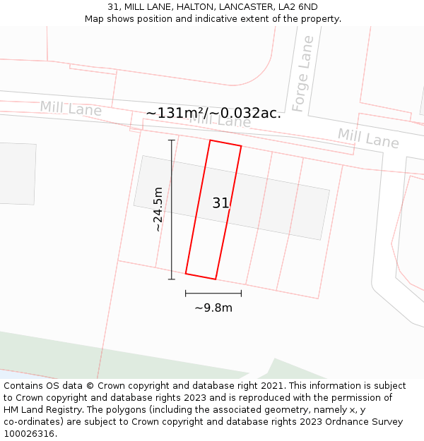 31, MILL LANE, HALTON, LANCASTER, LA2 6ND: Plot and title map