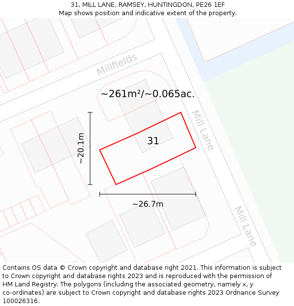 31, MILL LANE, RAMSEY, HUNTINGDON, PE26 1EF: Plot and title map
