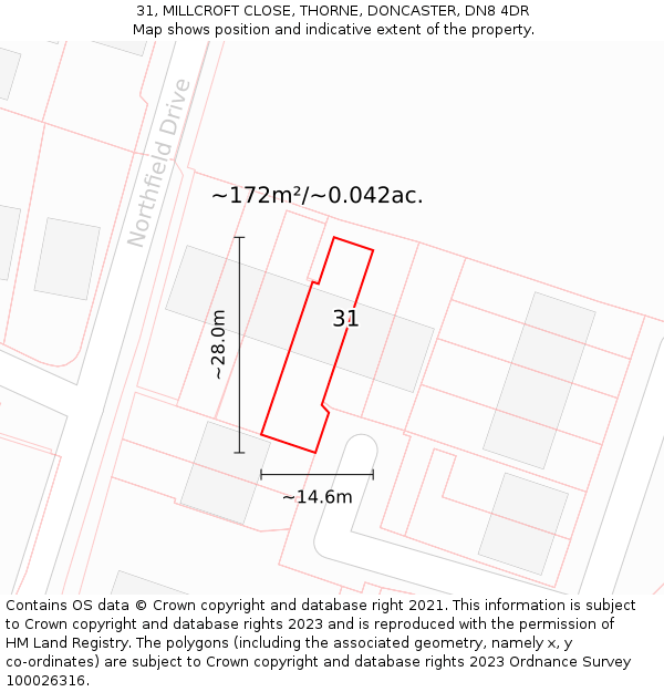 31, MILLCROFT CLOSE, THORNE, DONCASTER, DN8 4DR: Plot and title map