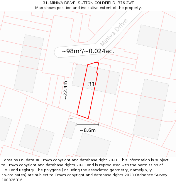 31, MINIVA DRIVE, SUTTON COLDFIELD, B76 2WT: Plot and title map