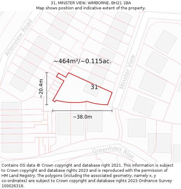 31, MINSTER VIEW, WIMBORNE, BH21 1BA: Plot and title map