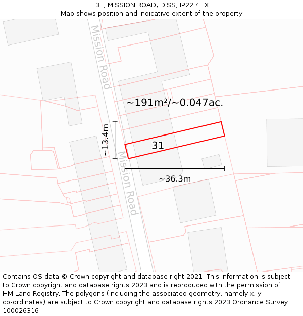 31, MISSION ROAD, DISS, IP22 4HX: Plot and title map