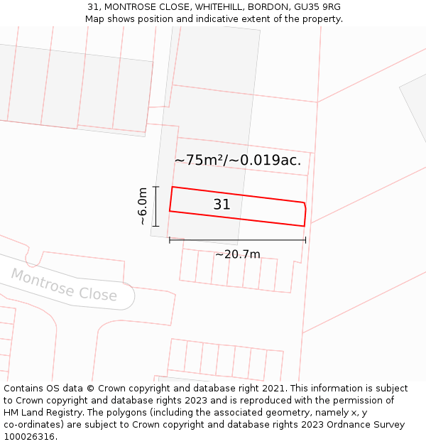 31, MONTROSE CLOSE, WHITEHILL, BORDON, GU35 9RG: Plot and title map