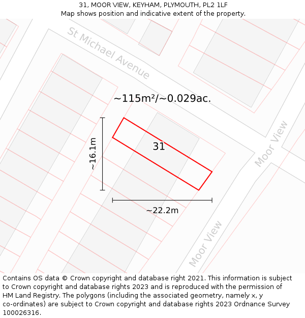 31, MOOR VIEW, KEYHAM, PLYMOUTH, PL2 1LF: Plot and title map