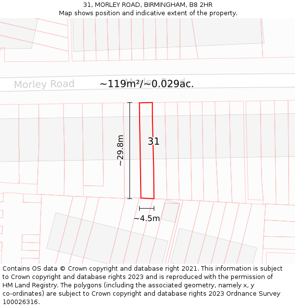31, MORLEY ROAD, BIRMINGHAM, B8 2HR: Plot and title map