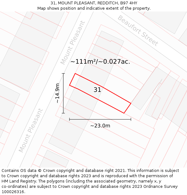 31, MOUNT PLEASANT, REDDITCH, B97 4HY: Plot and title map