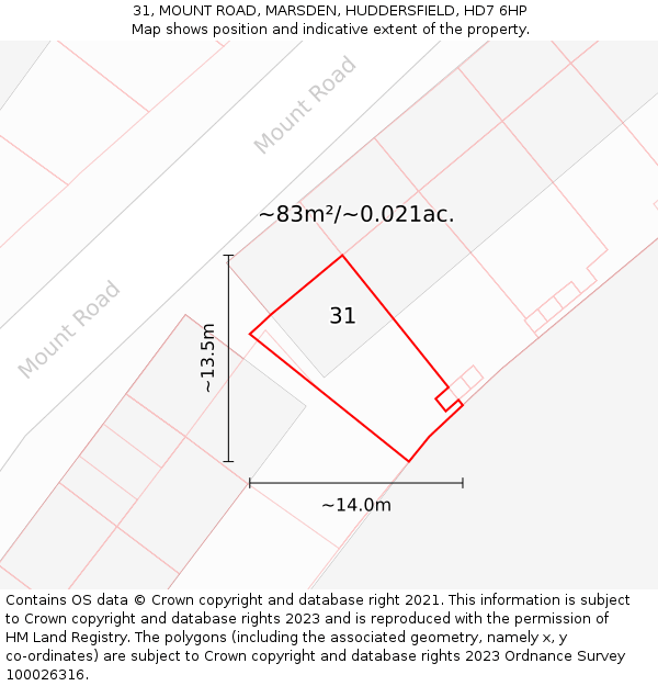 31, MOUNT ROAD, MARSDEN, HUDDERSFIELD, HD7 6HP: Plot and title map