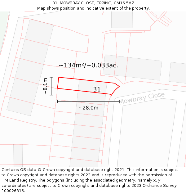 31, MOWBRAY CLOSE, EPPING, CM16 5AZ: Plot and title map