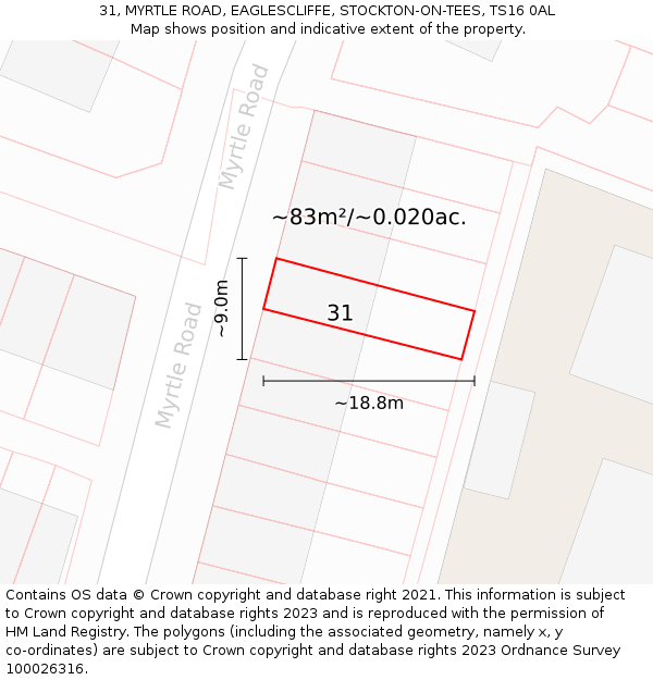 31, MYRTLE ROAD, EAGLESCLIFFE, STOCKTON-ON-TEES, TS16 0AL: Plot and title map