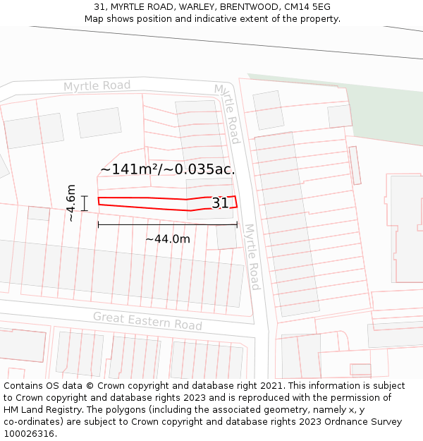 31, MYRTLE ROAD, WARLEY, BRENTWOOD, CM14 5EG: Plot and title map