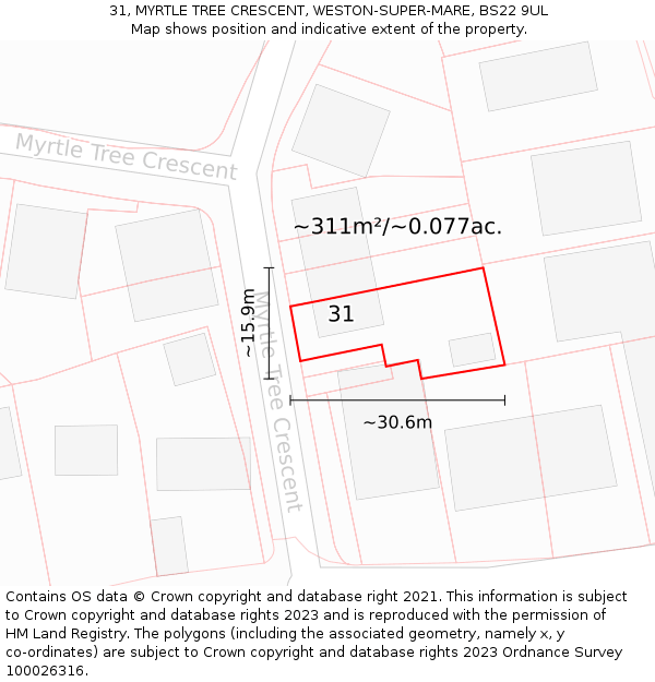 31, MYRTLE TREE CRESCENT, WESTON-SUPER-MARE, BS22 9UL: Plot and title map