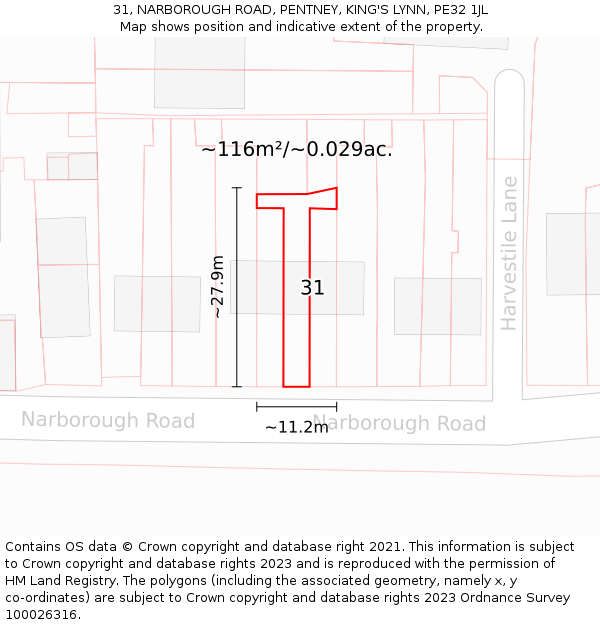 31, NARBOROUGH ROAD, PENTNEY, KING'S LYNN, PE32 1JL: Plot and title map