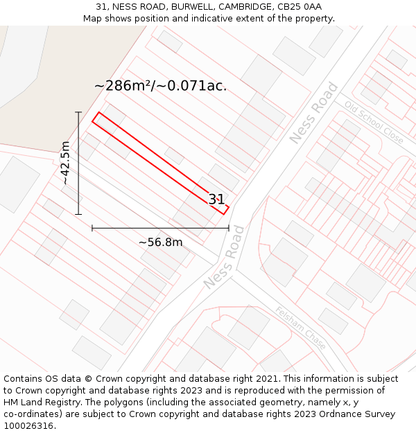 31, NESS ROAD, BURWELL, CAMBRIDGE, CB25 0AA: Plot and title map