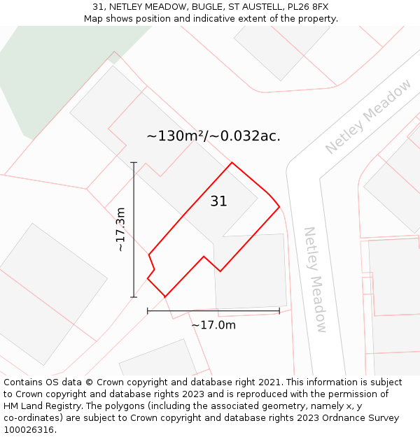31, NETLEY MEADOW, BUGLE, ST AUSTELL, PL26 8FX: Plot and title map