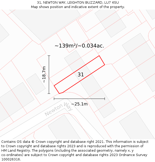 31, NEWTON WAY, LEIGHTON BUZZARD, LU7 4SU: Plot and title map