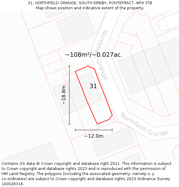 31, NORTHFIELD GRANGE, SOUTH KIRKBY, PONTEFRACT, WF9 3TB: Plot and title map