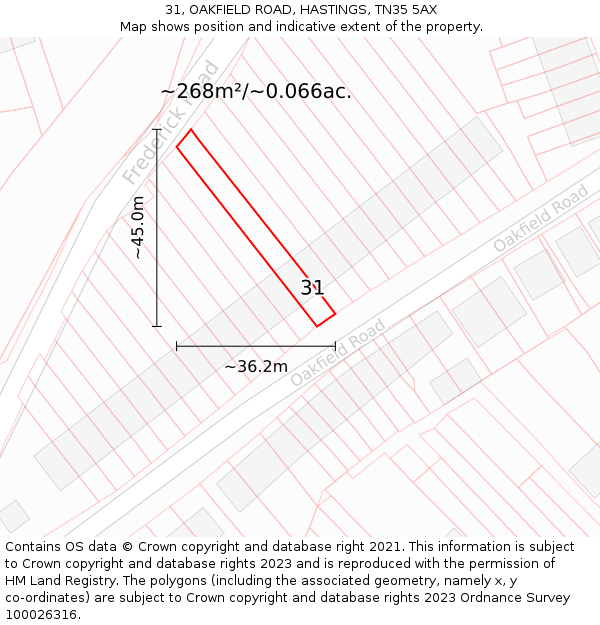 31, OAKFIELD ROAD, HASTINGS, TN35 5AX: Plot and title map