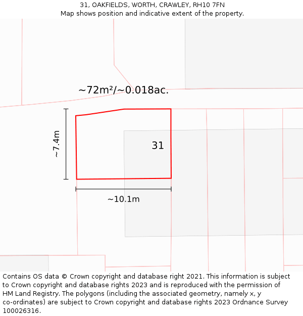 31, OAKFIELDS, WORTH, CRAWLEY, RH10 7FN: Plot and title map