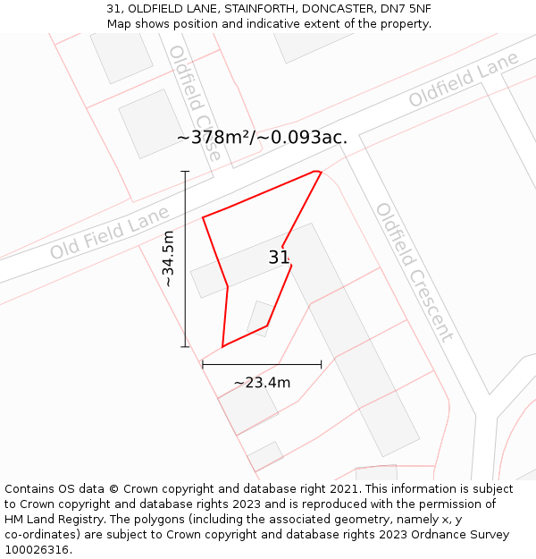 31, OLDFIELD LANE, STAINFORTH, DONCASTER, DN7 5NF: Plot and title map